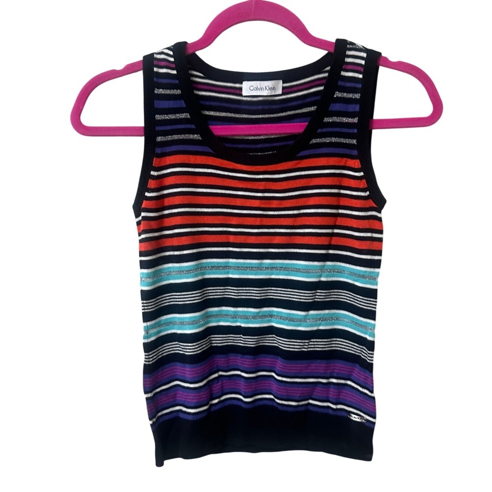 Calvin Klein Womens Medium Striped Metallic Cropped Knit Tank Top Blouse Multi